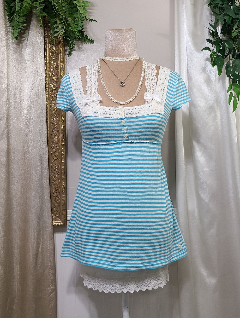 Rare ♡ Y2K ♡ Abercrombie And Fitch Baby Blue White Striped Babydoll Square Neck